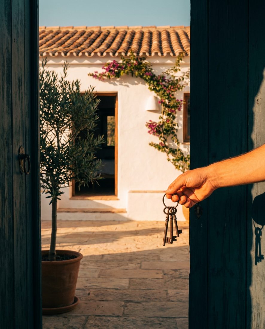 Keys at the doorway of a whitewashed Spanish home