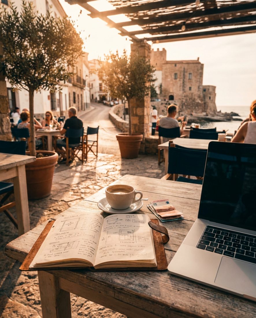 Planning over coffee on a sunny Spanish café terrace