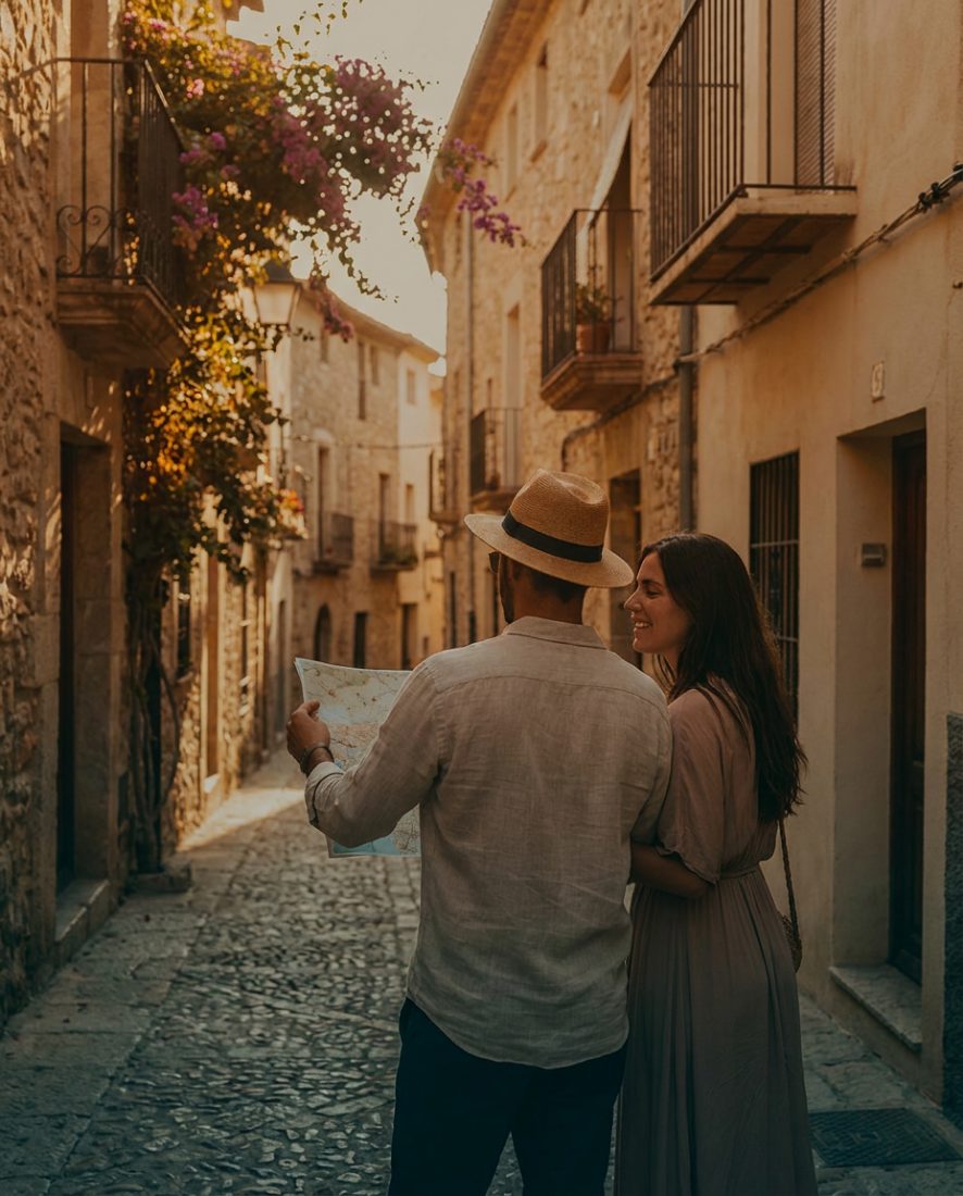A couple walking a Spanish village street with a map